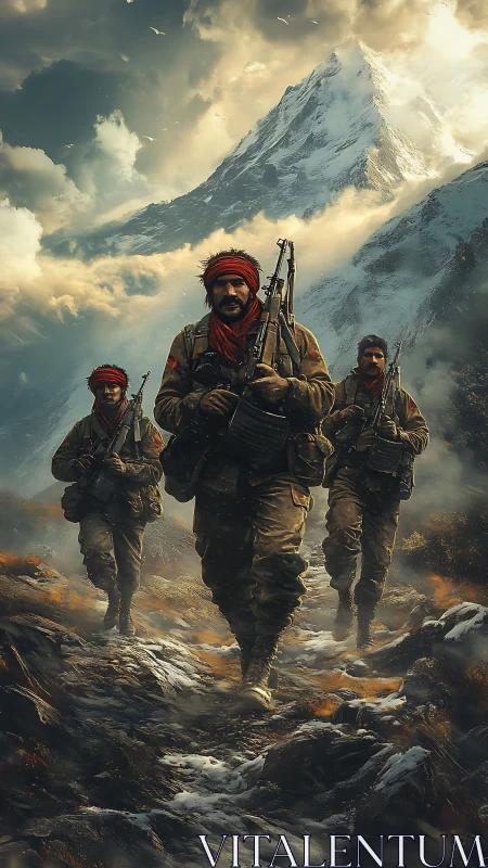 Mountain soldiers advancing beneath storm-lit summit.