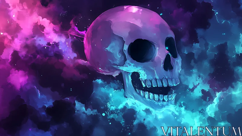 Neon cosmic skull drifting through radiant nebula clouds.