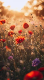 Golden Hour Poppy Field with Vibrant Red and Purple Blooms