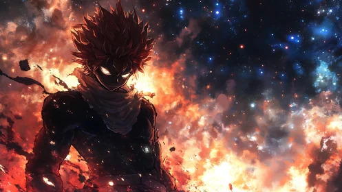 Fiery anime warrior amid cosmic nebula inferno night sky.