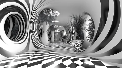 Monochrome corridor with warped stripes and sculptural planters.