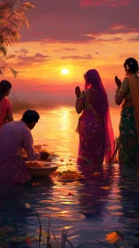 Sunset river prayer ritual with people in vibrant saris.