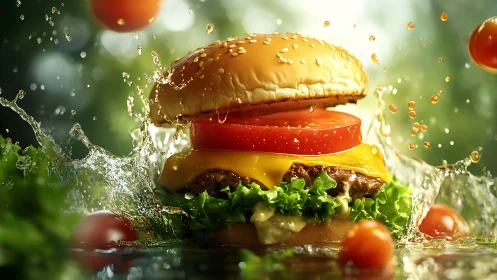 Splash-happy gourmet burger diving through garden freshness.