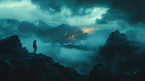 Lone hiker surveys misty mountains above distant burning valley