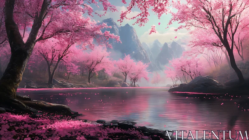 Cherry blossom river valley under diffuse atmospheric perspective