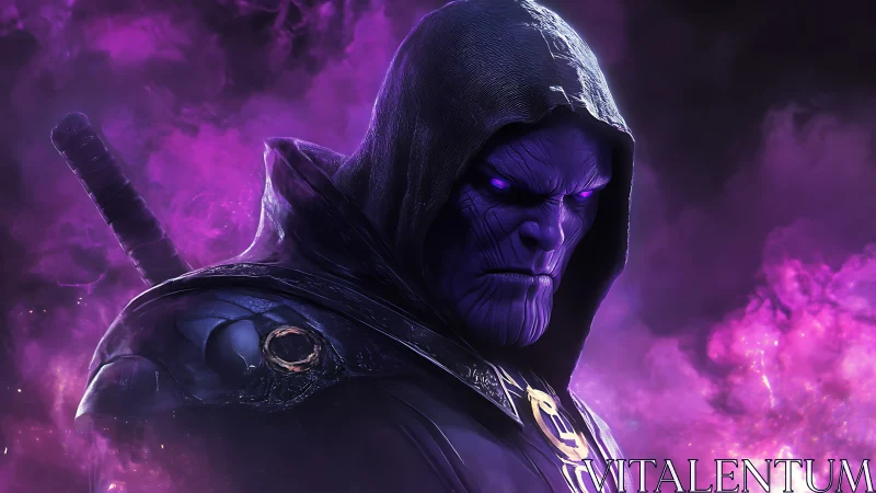 Hooded purple warrior amid swirling violet cosmic smoke.