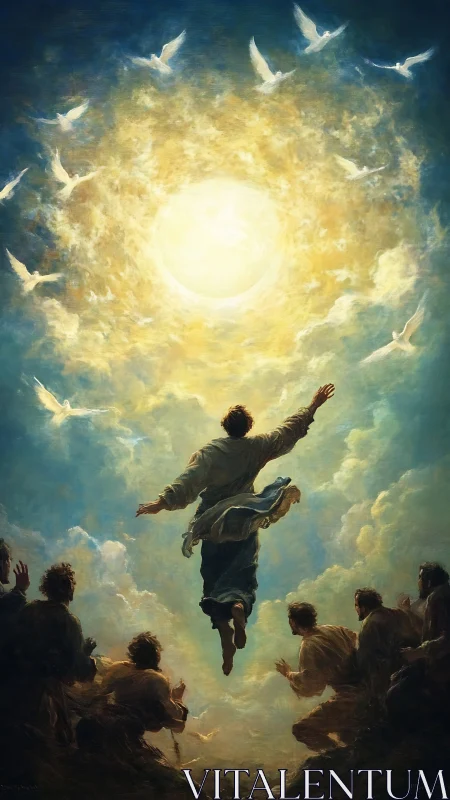 Man ascends toward radiant sky while followers watch below.