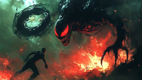 Hero faces swirling shadow beast in a fiery dreamscape.