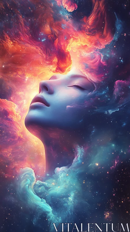 Dreamer’s face floating in a glowing cosmic nebula sky.
