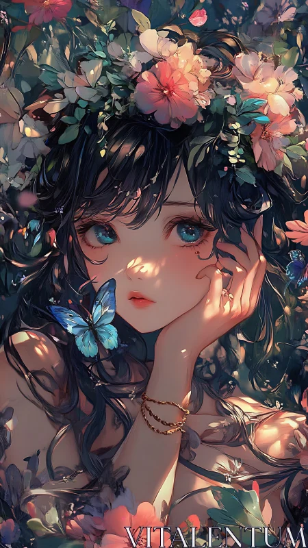 Forest muse gazes softly as blue butterflies drift close.