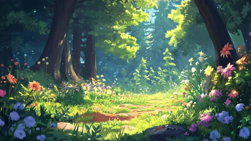 Luminous Forest Glade: Where Wildflowers Dance Beneath Ancient Boughs.