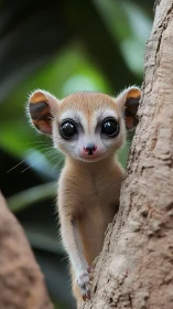 Wide-eyed tree-dwelling mammal in lush forest portrait.