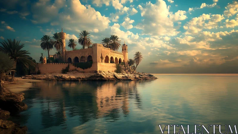 Islamic Riverside Fortification with Palms: Architectural Digital Rendering.