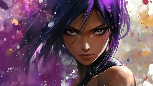 Digital portrait shows purple haired figure against abstract field