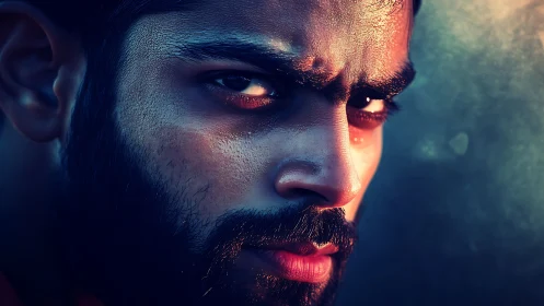 Intense bearded man in dramatic close up portrait lighting.