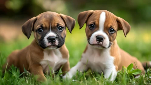 Two brown boxer puppies rest alertly on soft green grass