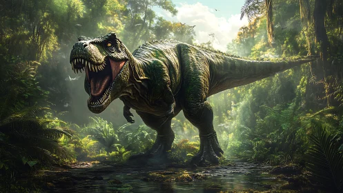 Tyrannosaurus rex stands in dense prehistoric forest clearing