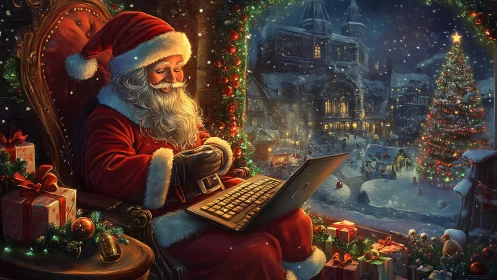Santa checks Christmas wishes online in a glowing winter town