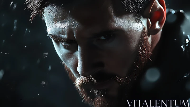 Male face in close-up low key portrait with water droplets