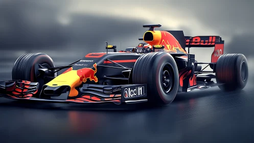 Digital Formula race car rendering on wet asphalt track.