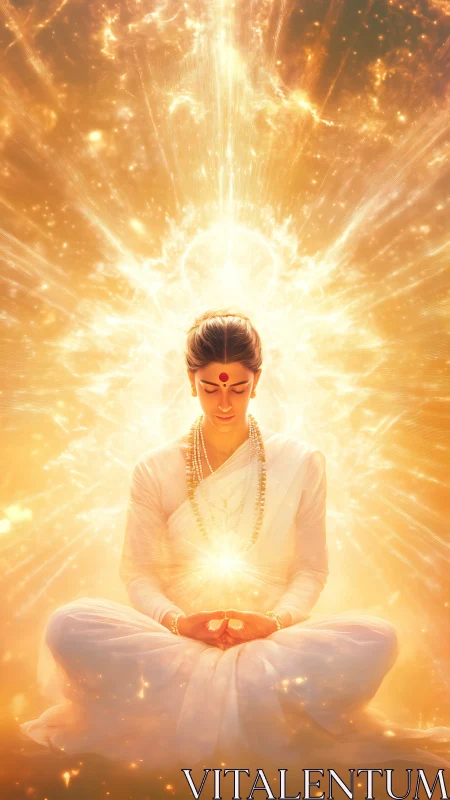 Meditating woman radiates golden spiritual energy field