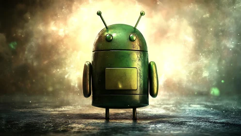 Metallic green robot mascot stands in glowing sci fi haze.