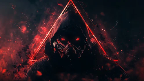 Hooded cyber phantom glowing in crimson neon shadows.