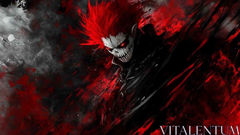 Sinister red-spectral warrior in chaotic digital abstraction.