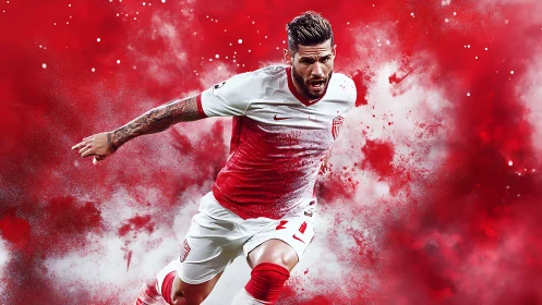Dynamic footballer sprinting in red and white smoke art