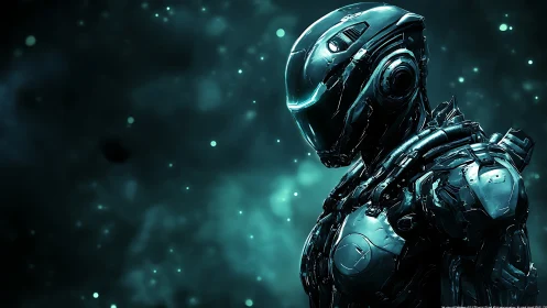 Futuristic armored cyborg in teal glowing sci fi suit.