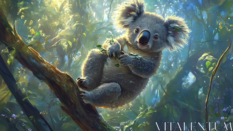 Koala acrobat hangs in a sun-dappled eucalyptus dream