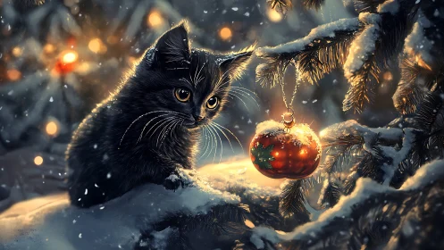 Curious black kitten gazes at glowing Christmas ornament