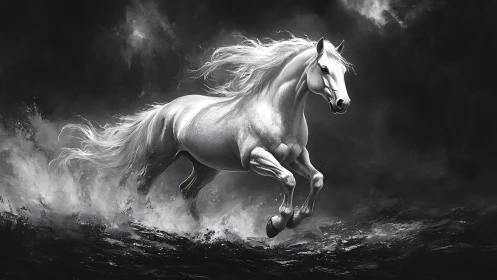 White stallion emerges dynamically from monochrome storm surf