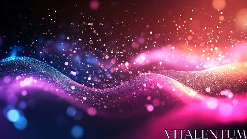 Glittering abstract waves in pink, blue, and orange light.