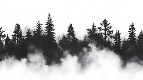 Monochrome conifer forest silhouettes in drifting valley fog.