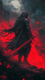 Midnight warrior walking through rivers of scarlet fire.