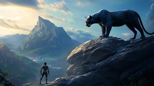 Warrior confronts panther above mountain valley.