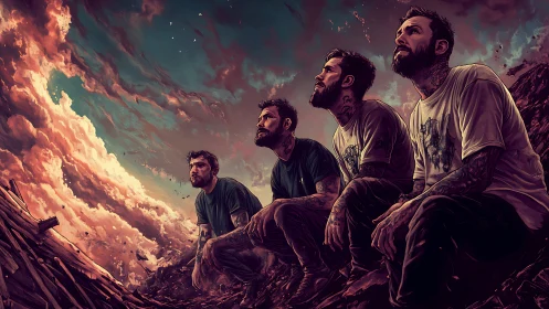 Tattooed man multiplies under apocalyptic twilight sky