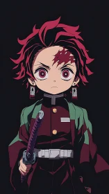 Red-haired anime swordsman with patterned cloak stands ready