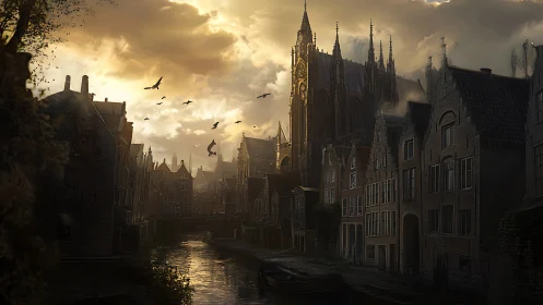 Golden dusk settles over a quiet canal and towering cathedral