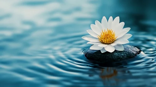 White water lily rests on smooth stone amid ripples