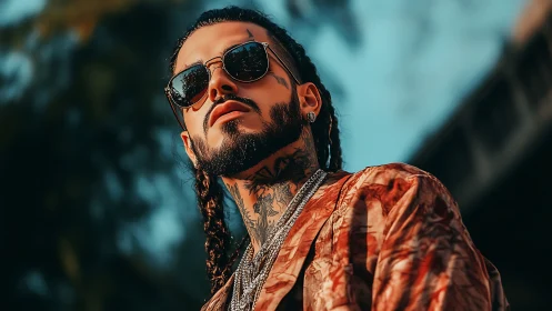 Tattooed street style icon stands confident in warm sunlight