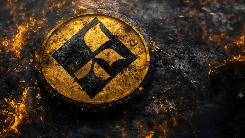 Scorched metallic emblem amid burning cracked ground.