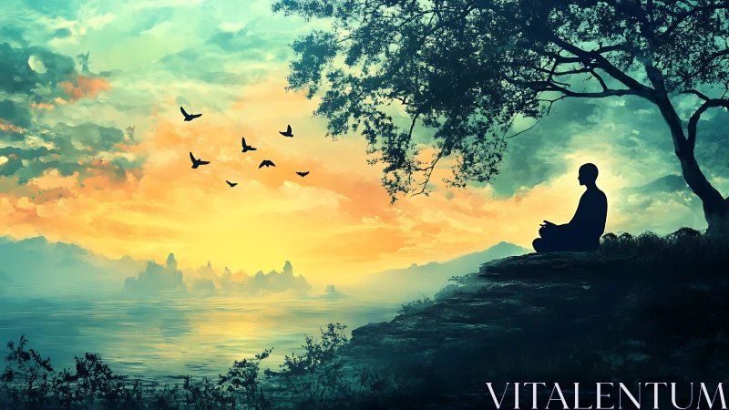 Silhouetted meditator overlooks atmospheric sunrise seascape