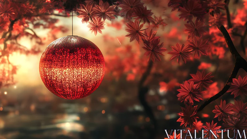 Red lantern glowing among autumn maple branches at dusk.