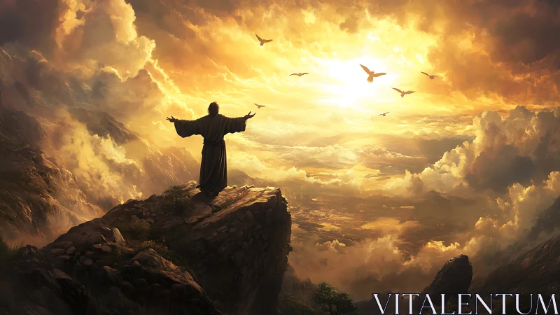 Cloaked figure on sunlit mountain ledge under radiant sky