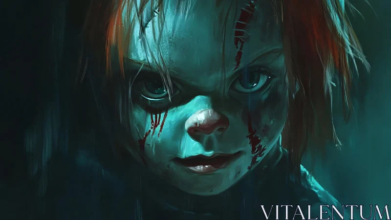 Sinister toy child studies you through cold teal shadows