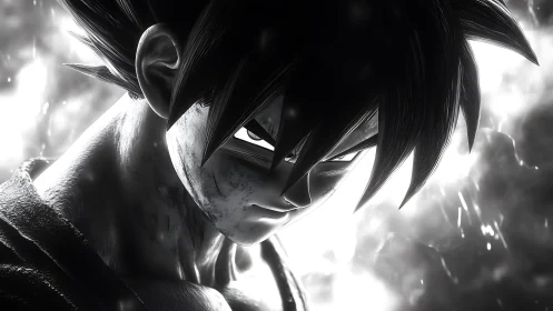 Monochrome close-up of spiky-haired anime fighter figure.