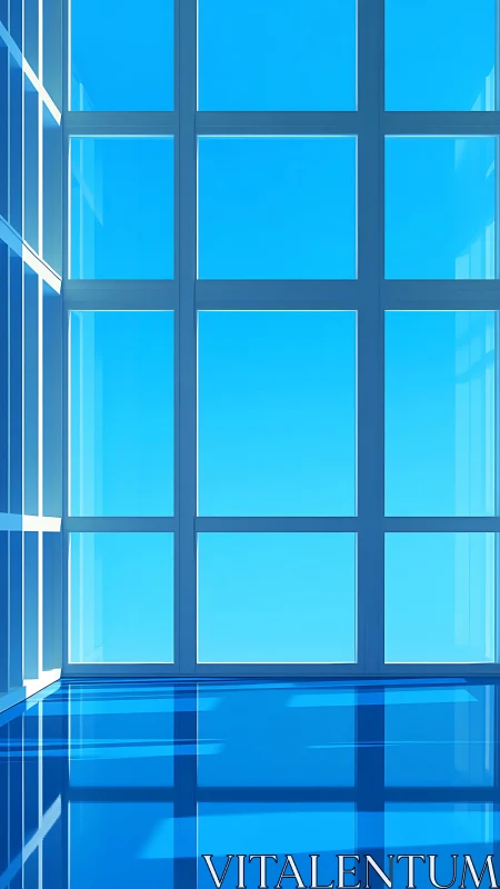 Minimalist glass wall and reflective blue floor interior.