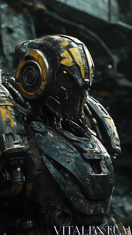 Weathered exoskeletal combat android with corroded armor plating.